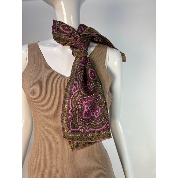 Vintage Silk Scarf With Paisley Print In Pink & Green - Picture 5 of 16